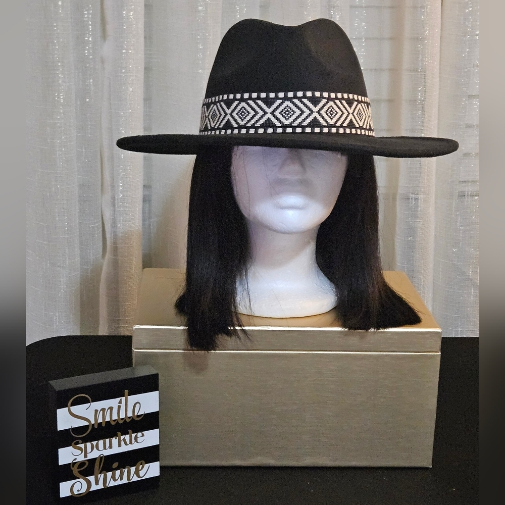 Womens Black Felt Hat with white pattern.One Size.
